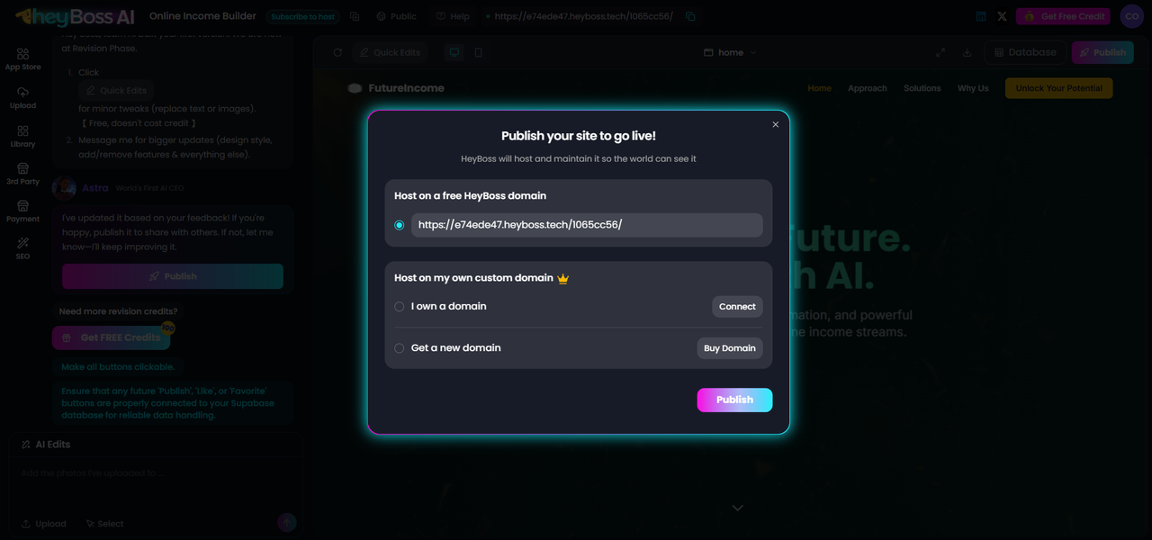 Publish Your Website at HeyBoss AI just in 1 click